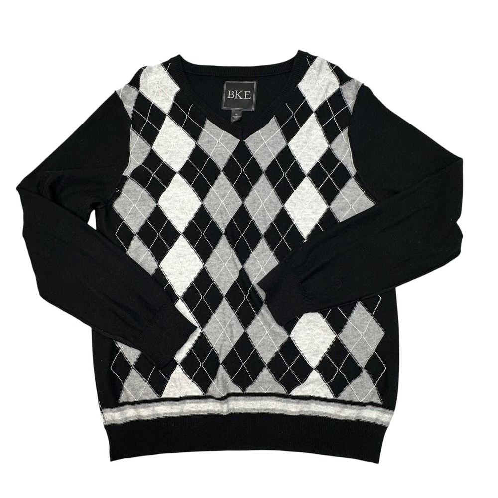 BKE Sweater Mens XL Black Gray Argyle Classic V Neck Cotton Pullover 6406